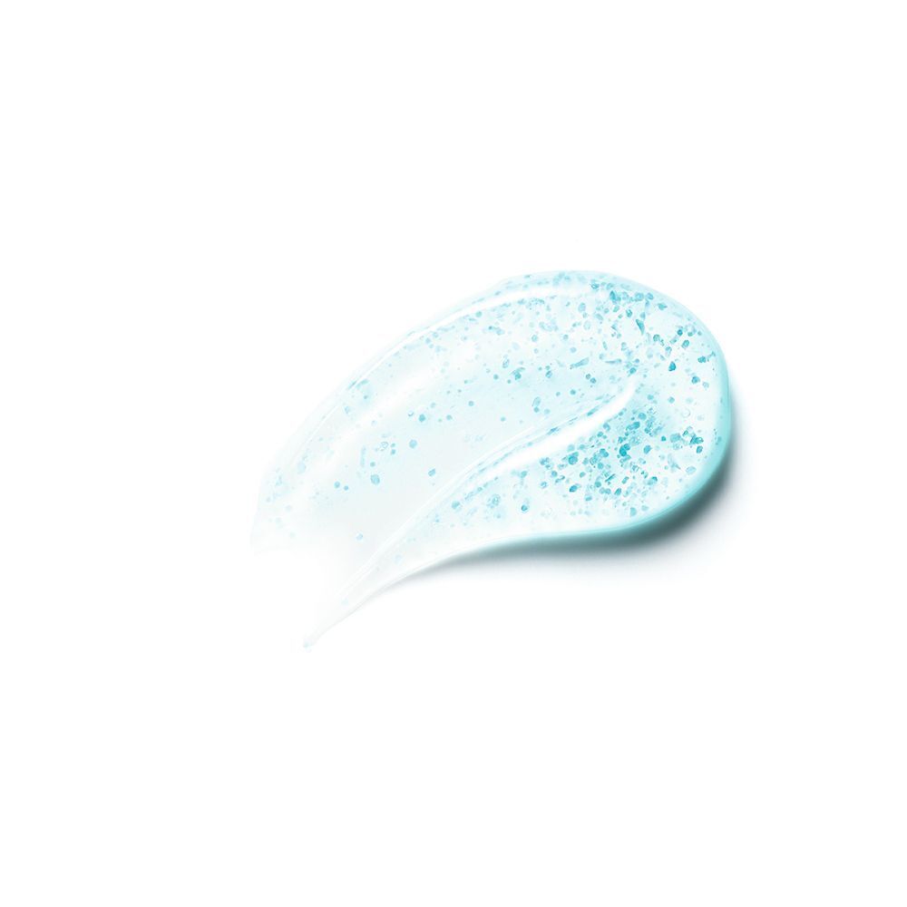 Eine Probe blaues Gel mit Kügelchen auf weißem Hintergrund.