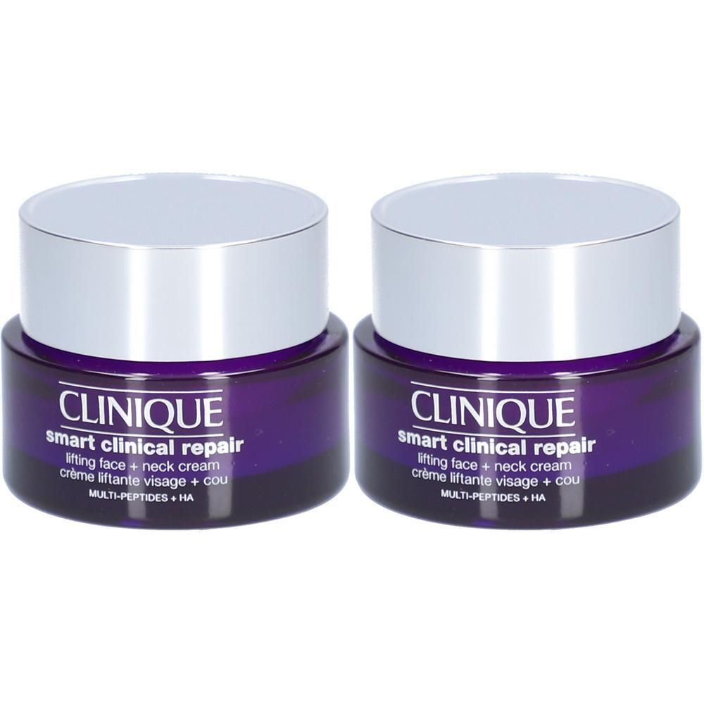 Zwei Clinique Smart Clinical Repair Lifting Gesichts- und Halscreme-Tiegel mit silbernen Deckeln.