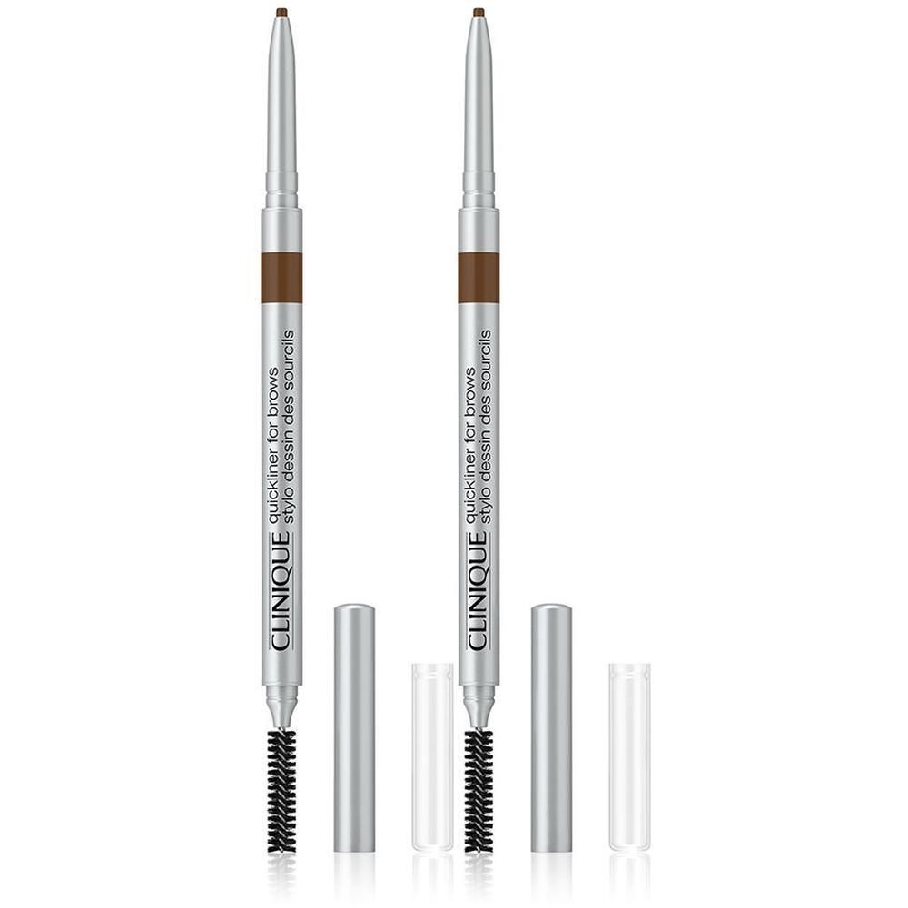 Zwei Clinique Quickliner Augenbrauenstifte in Deep Brown mit Bürstenaufsatz und Schutzkappen.