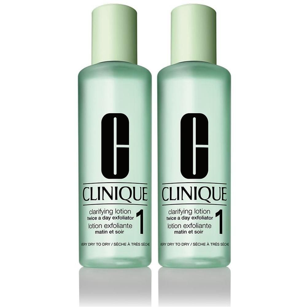Zwei Flaschen Clinique Clarifying Lotion 1 mit hellgrünen Verschlüssen und dem Clinique Logo.