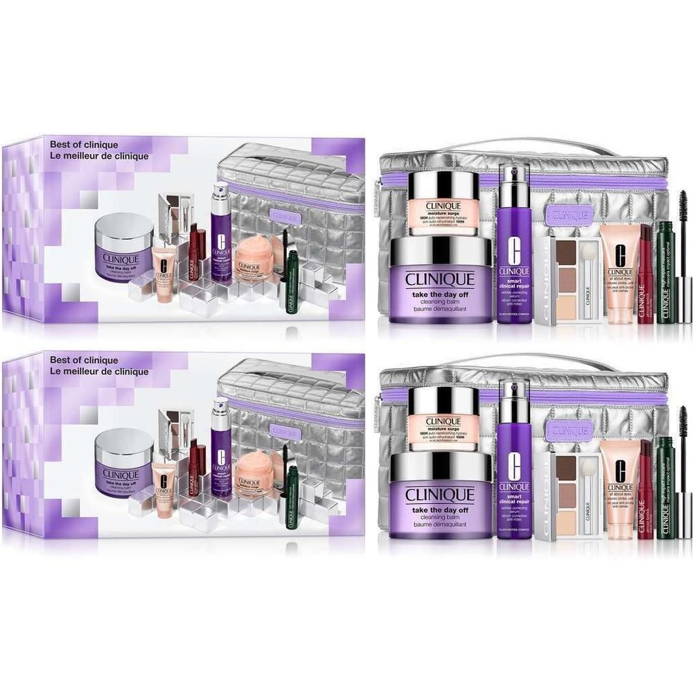 Clinique Skincare Makeup Set mit Kosmetiktasche und verschiedenen Produkten.