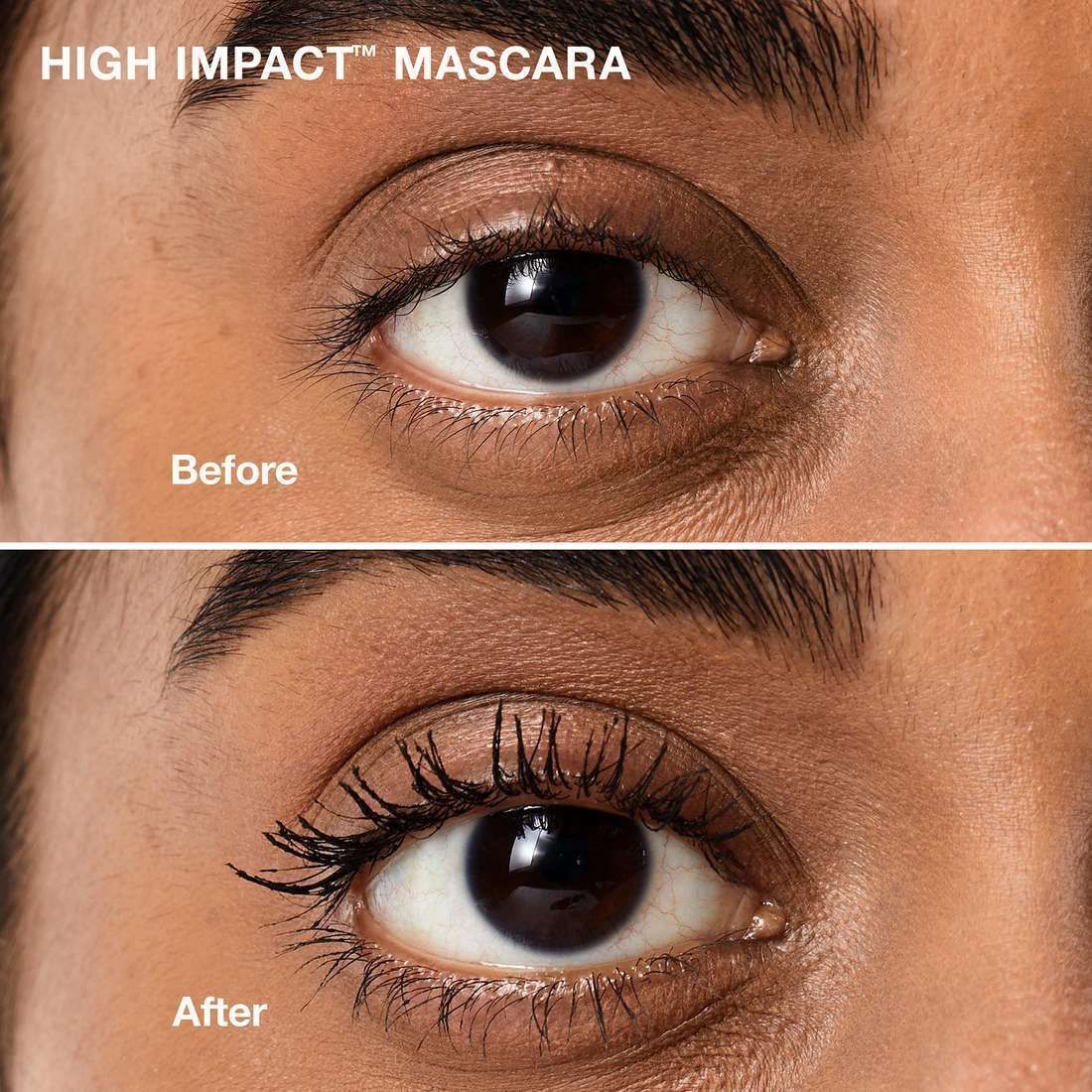 Nahaufnahme eines Auges vor und nach der Anwendung von Clinique High Impact Mascara.