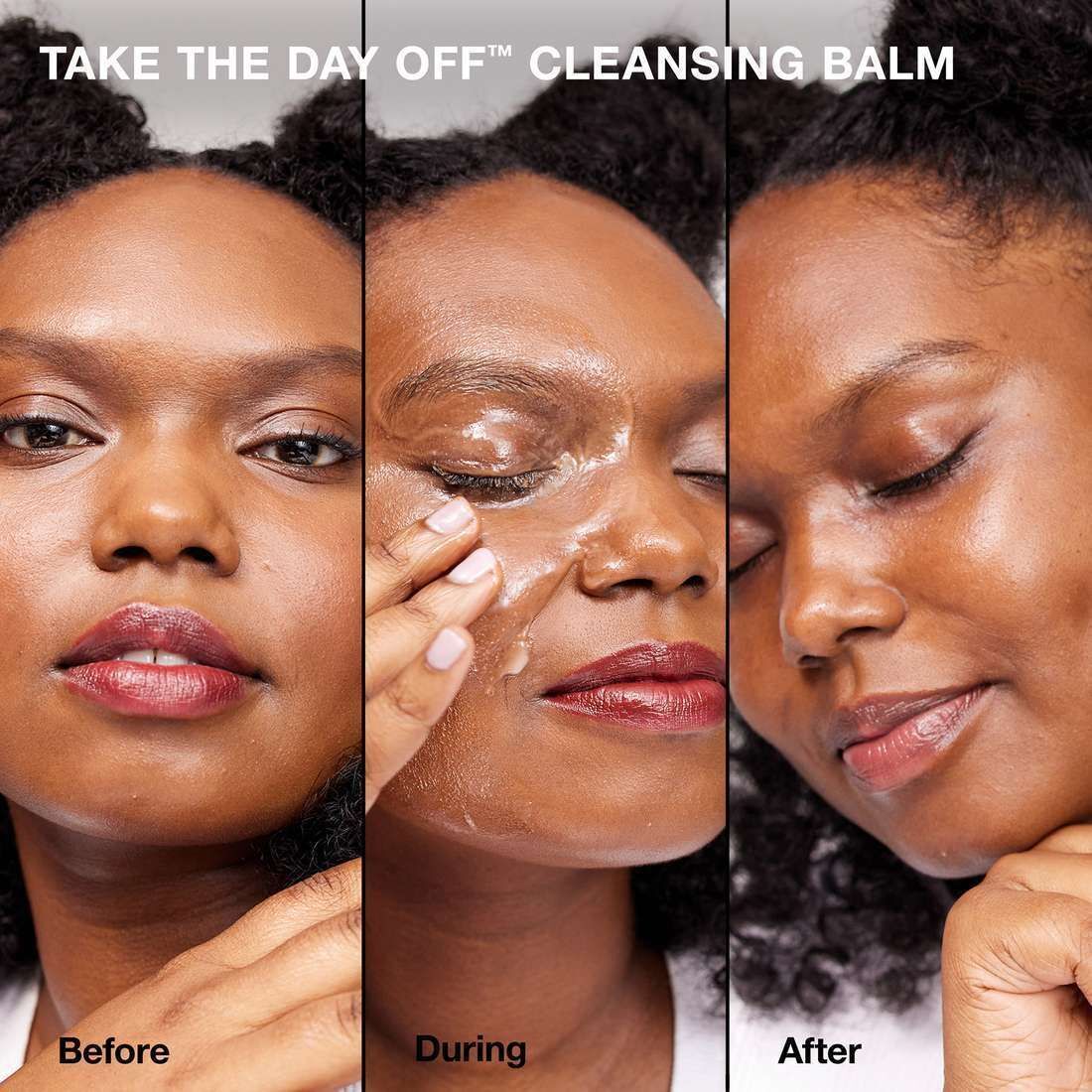 Drei Ansichten einer Frau, die Clinique Take The Day Off Cleansing Balm verwendet.
