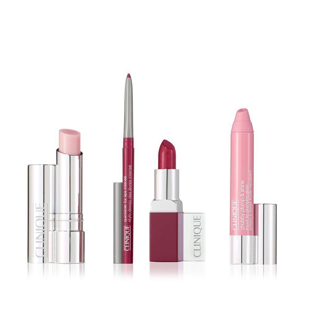 Vier Clinique Lippenpflegeprodukte: Balsam, Lipliner, Lippenstift und Chubby Stick.