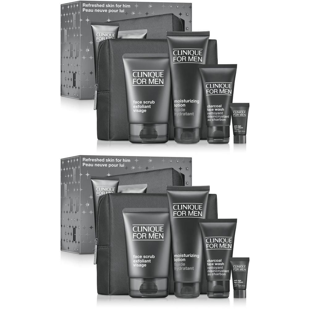 Clinique For Men Set mit Kulturtasche und vier Pflegeprodukten: Gesichtscreme, Peeling, Gesichtsreiniger, Augencreme.