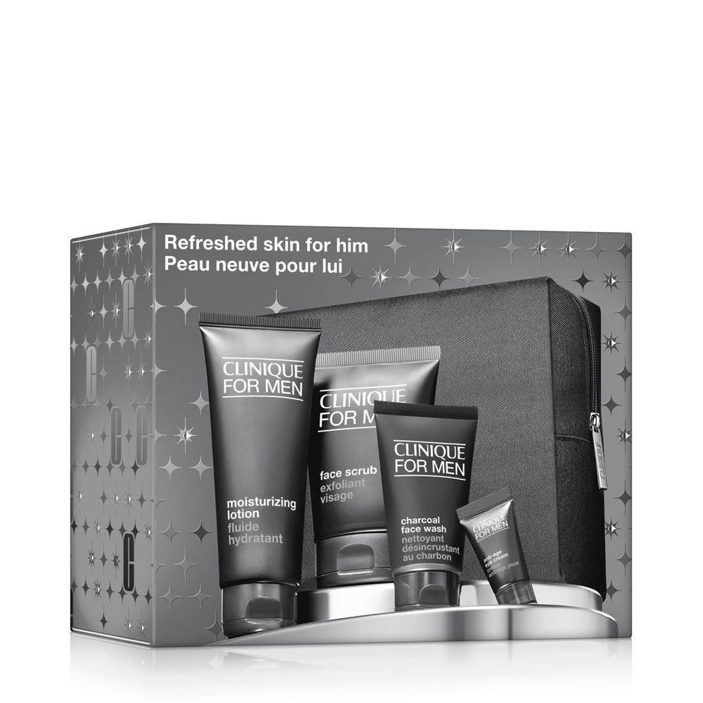 Clinique For Men Set mit Kulturtasche und vier Pflegeprodukten: Gesichtscreme, Peeling, Gesichtsreiniger, Augencreme.