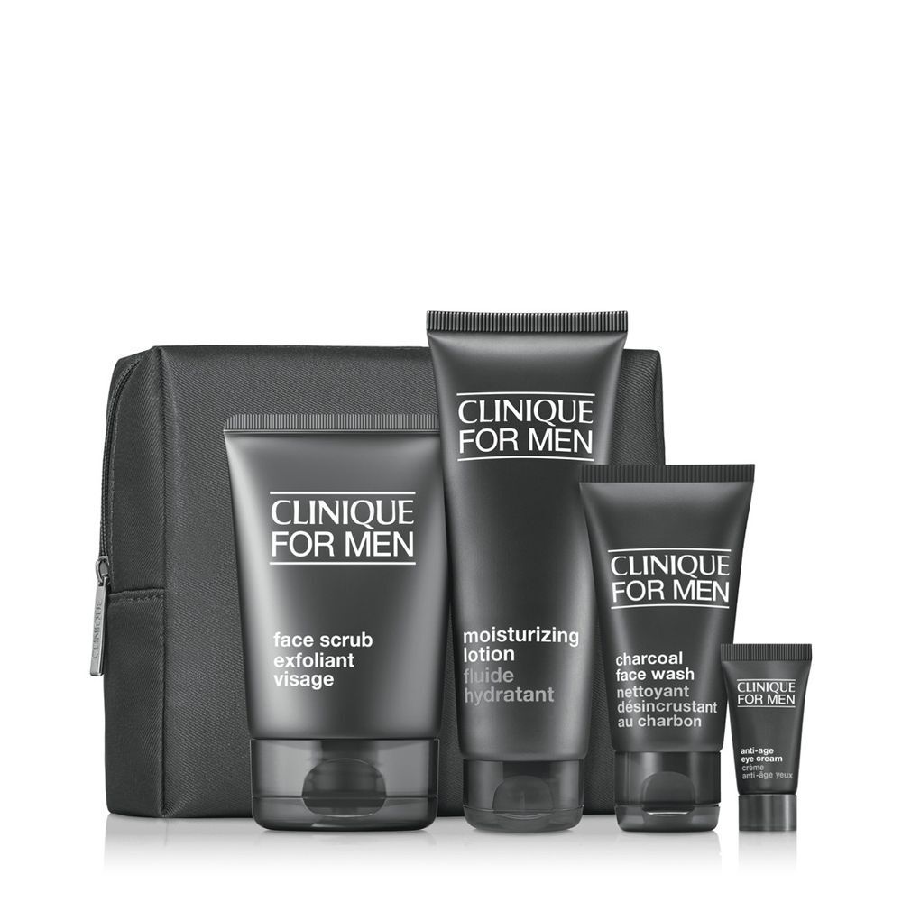 Clinique For Men Set mit Kulturtasche und vier Pflegeprodukten: Gesichtscreme, Peeling, Gesichtsreiniger, Augencreme.