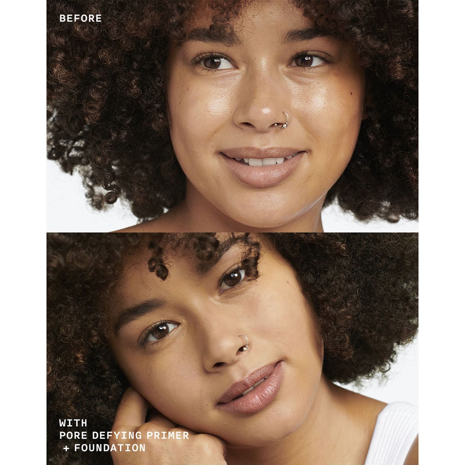 Vorher-Nachher-Vergleich eines Gesichts mit CLINIQUE Even Better Pore Defying Primer und Foundation.