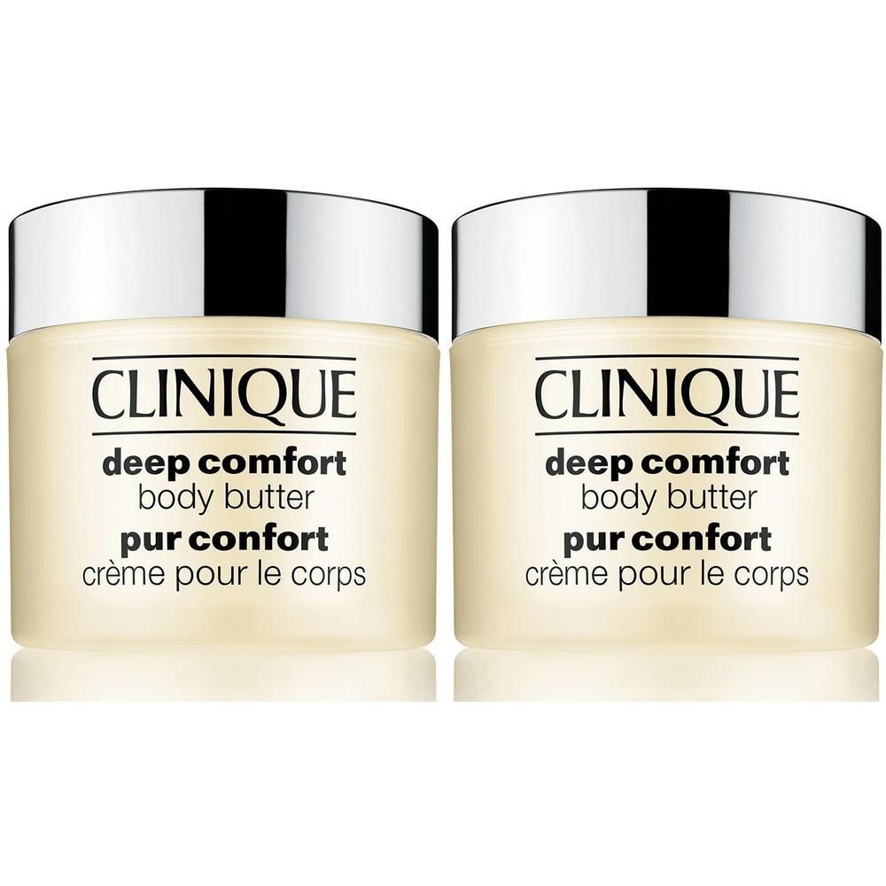 Zwei Clinique Deep Comfort Body Butter Behälter mit silbernen Deckeln.
