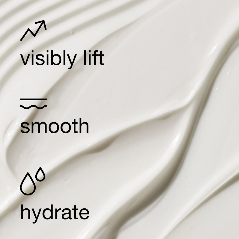 Textur der Clinique Smart Clinical Repair Lifting Gesichts- und Halscreme mit Icons für Straffung und Glättung.