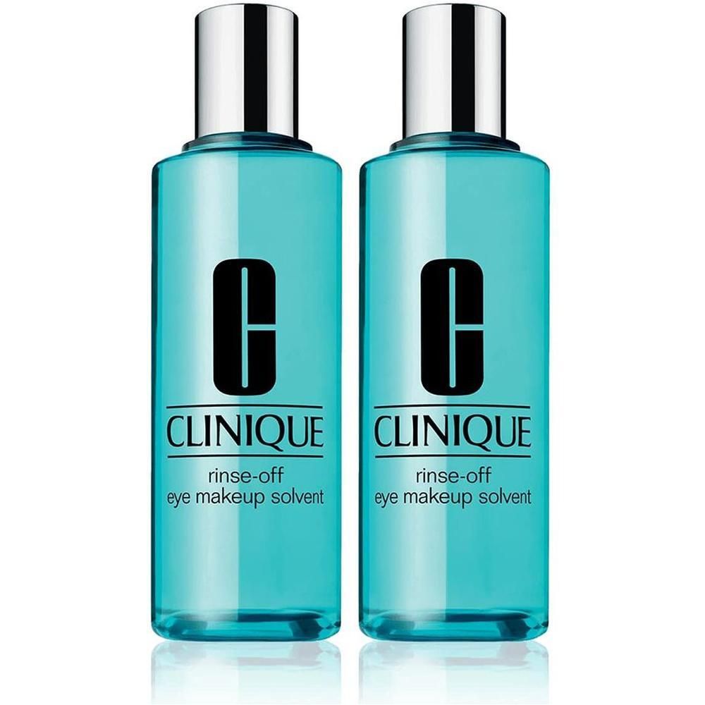 Zwei Flaschen CLINIQUE Rinse-Off Eye Makeup Solvent mit silbernen Verschlüssen. Klare, türkisfarbene Flüssigkeit.