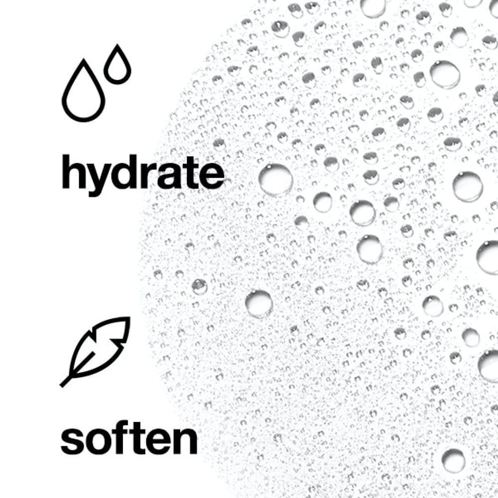 Symbole für Hydratation und Weichheit neben Wassertropfen und Textur.
