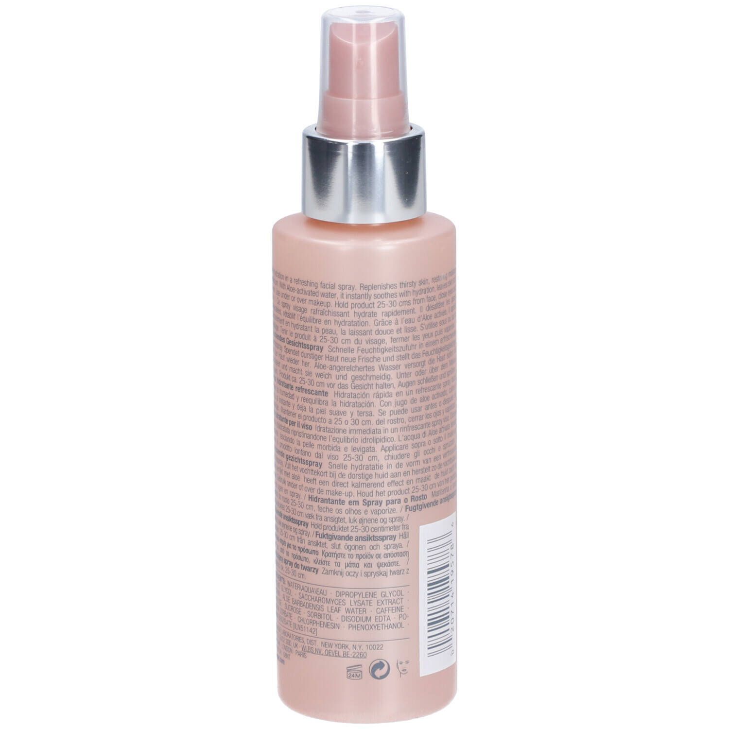 Rückseite einer Clinique Moisture Surge Gesichts sprühflasche mit Produktinformationen.