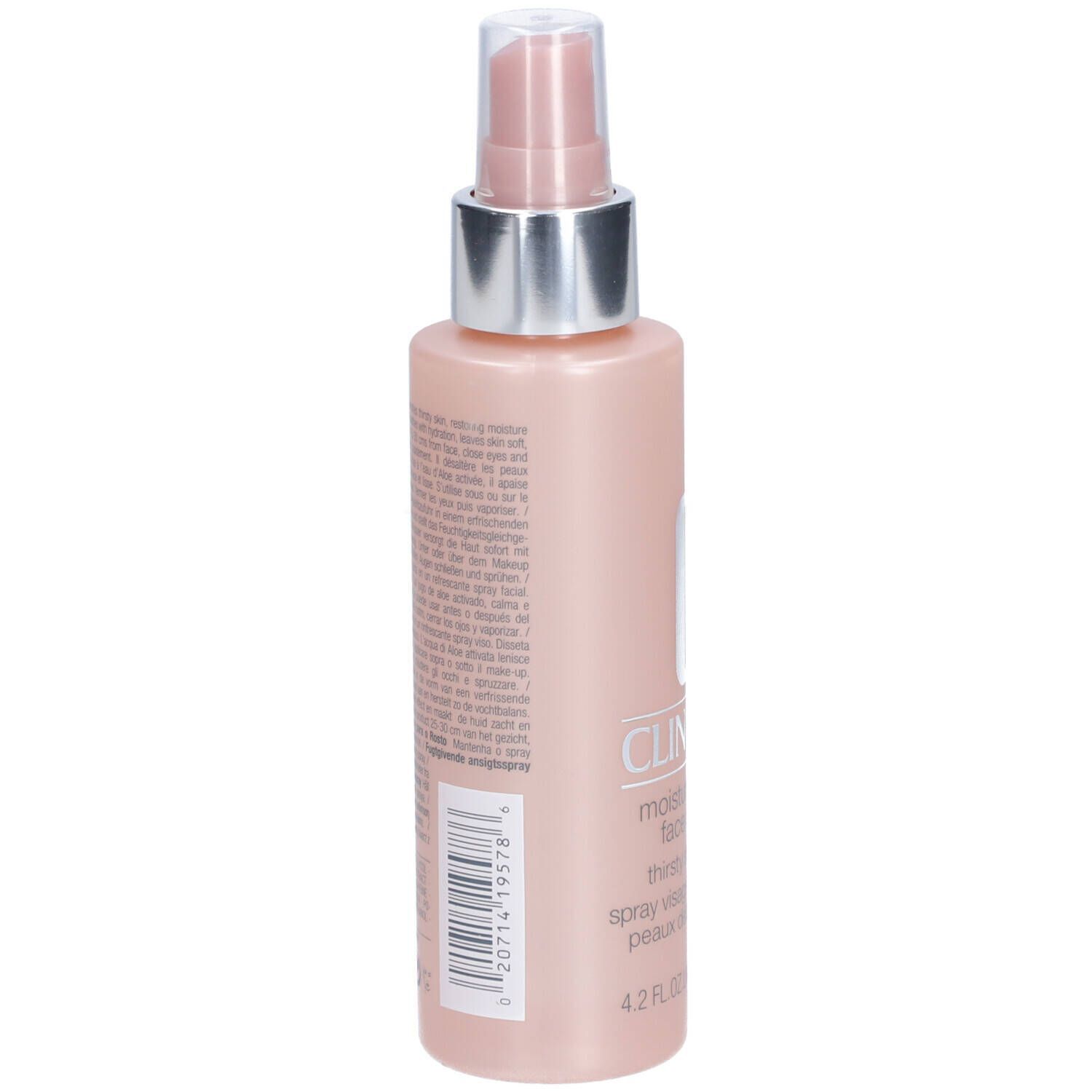 Seite einer Clinique Moisture Surge Gesichts sprühflasche mit Etikett und Barcode.