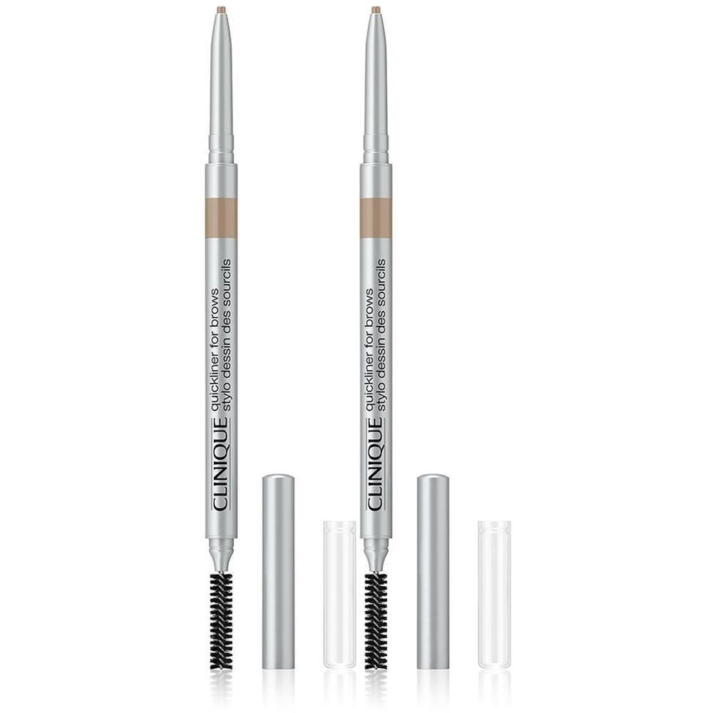 Zwei CLINIQUE Quickliner Augenbrauenstifte in Sand mit Bürstenaufsatz und Kappen.