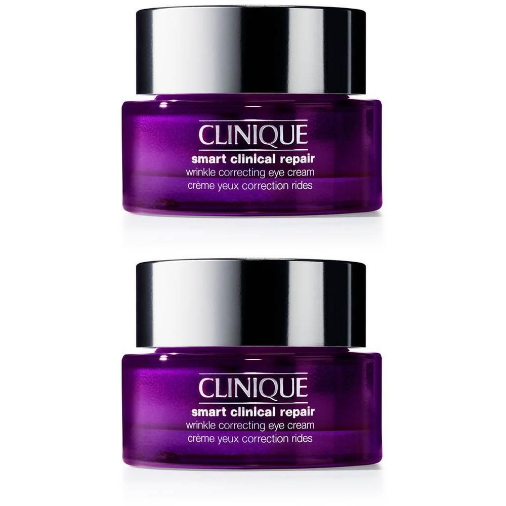 Zwei Clinique Smart Clinical Repair Augencreme-Tiegel mit lila Glas und silbernem Deckel.