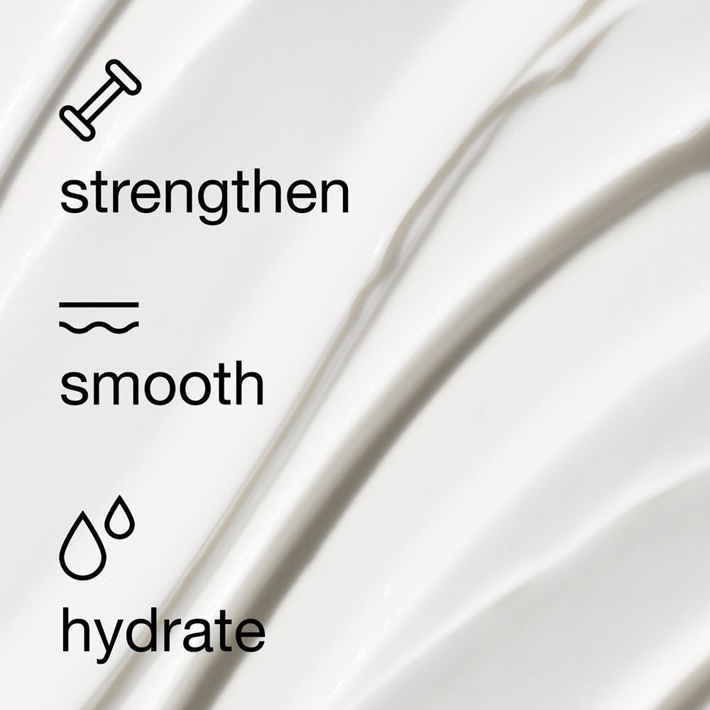 Symbole für Stärkung, Glättung und Hydratation neben einer Creme-Textur.