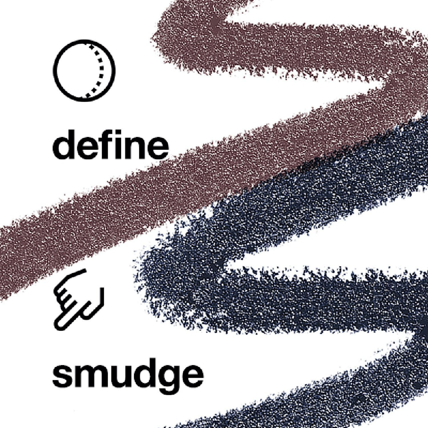 Illustrationen von zwei Eyeliner-Strichen, beschriftet mit 'define' und 'smudge'.