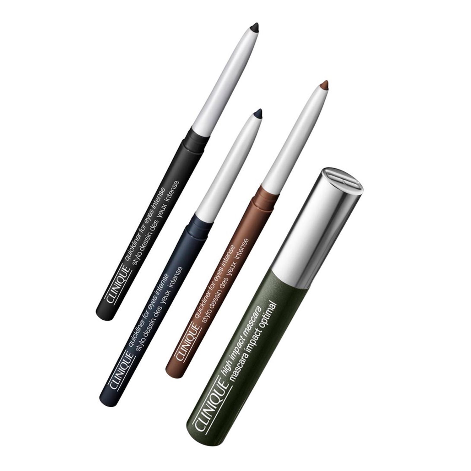 Vier Clinique Eyeliner-Stifte in verschiedenen Farben und eine Clinique Mascara.