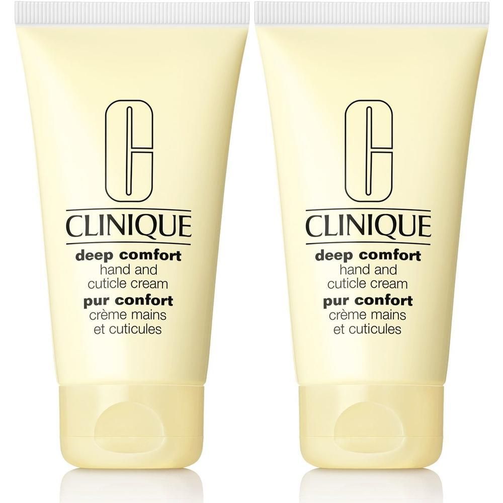 Zwei Tuben CLINIQUE Deep Comfort Hand- und Nagelcreme. Cremige Textur, hellgelbe Verpackung mit weißem Deckel.