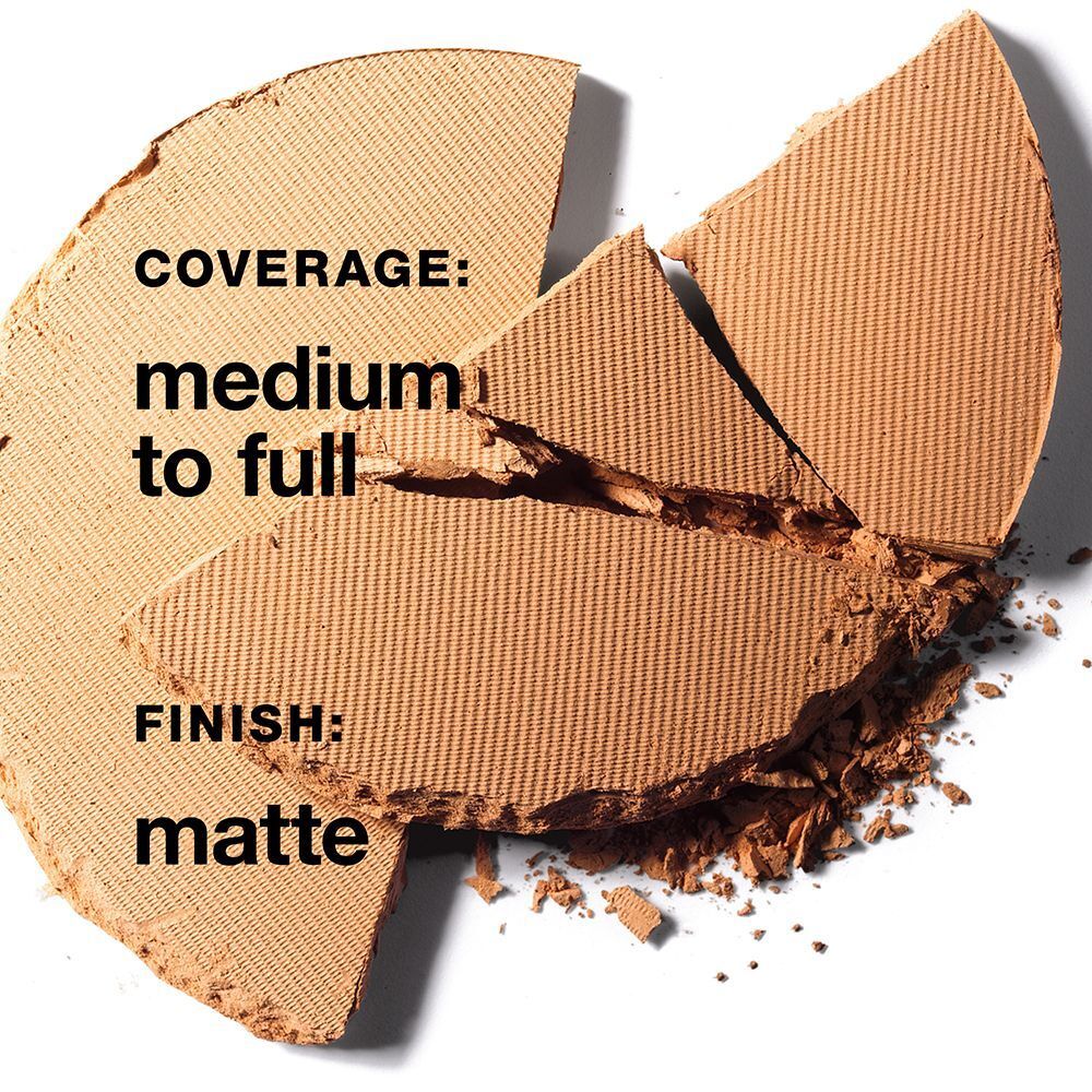 Zerbrochener beiger Puder mit Text: 'COVERAGE: medium to full', 'FINISH: matte'.