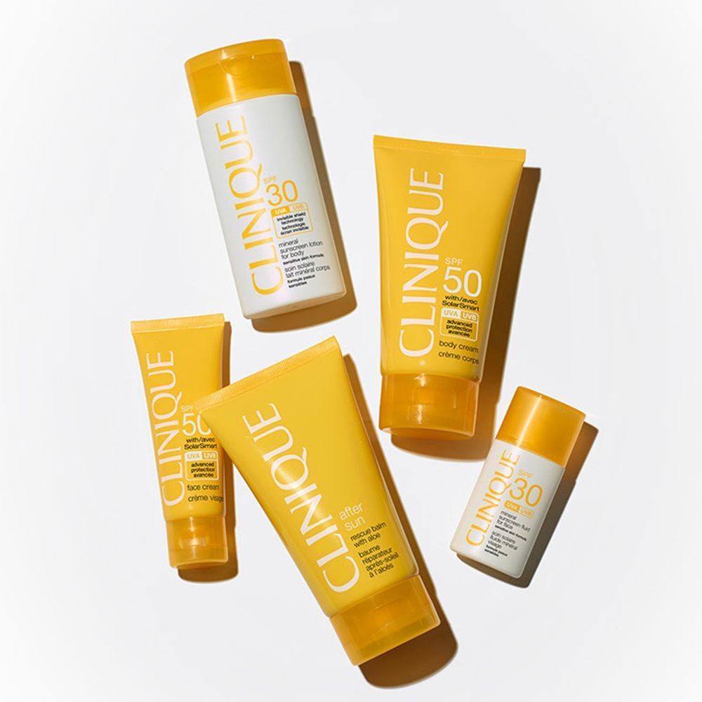 CLINIQUE Sonnenschutzprodukte: Gesichtscreme LSF 30, Körpercreme LSF 50, Gesichtscreme LSF 50.