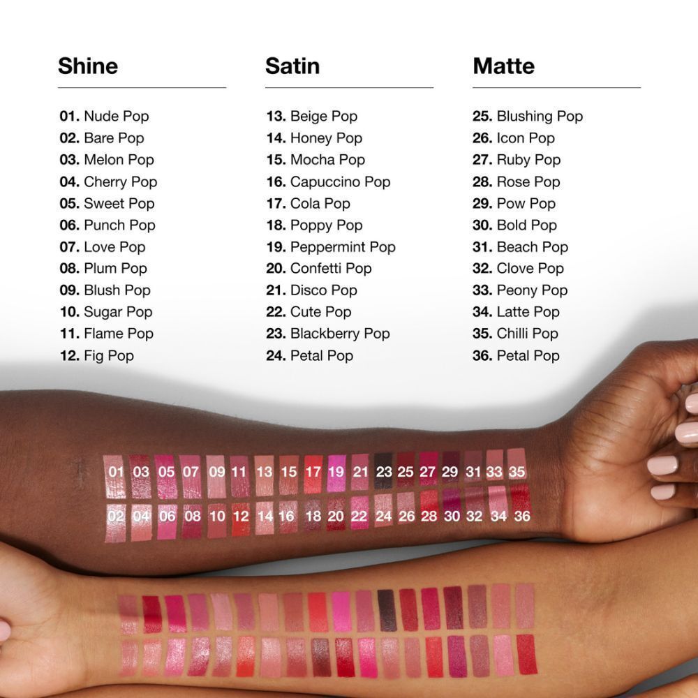 Farbübersicht der Clinique Pop Lippenstifte mit Swatches auf Haut und Lippen.