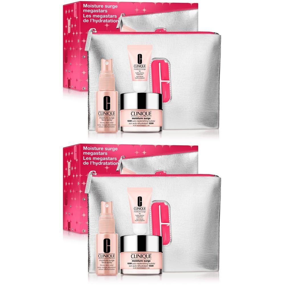 Clinique Moisture Surge Megastars Set: Zwei silberne Kosmetiktaschen mit je drei Feuchtigkeitspflegeprodukten.