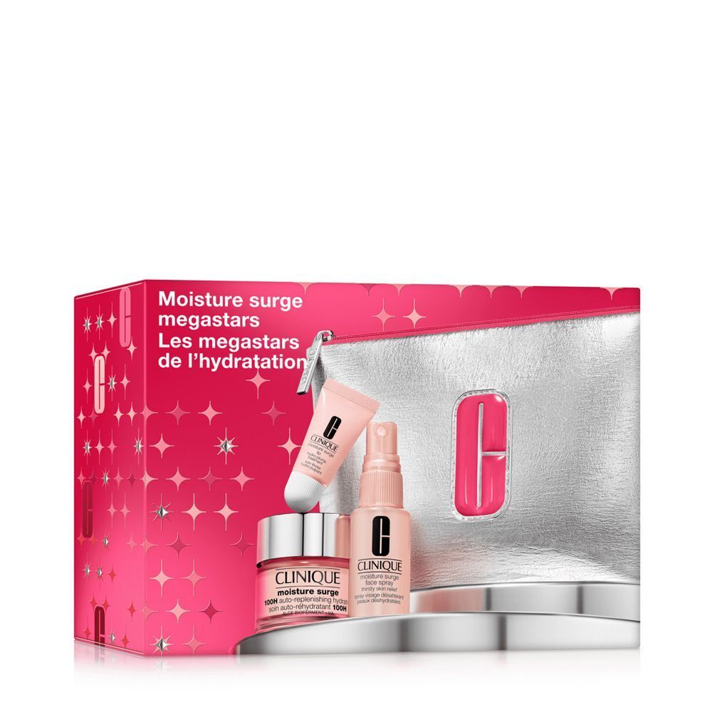 Clinique Moisture Surge Set: Silberne Kosmetiktasche mit Feuchtigkeitspflege-Spray, -Creme und -Tiegel.