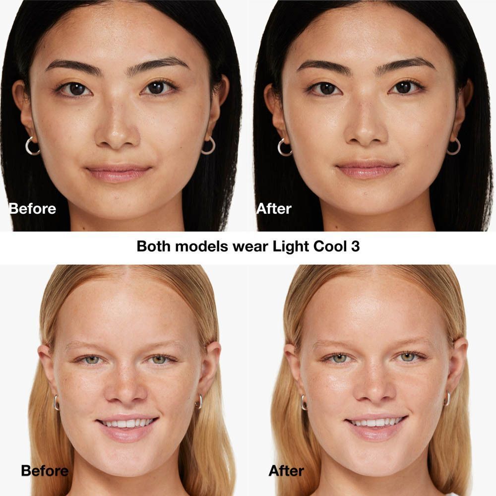 Vorher/Nachher-Vergleich von zwei Frauen, die Clinique Even Better Vitamin Makeup Light Cool 3 tragen.