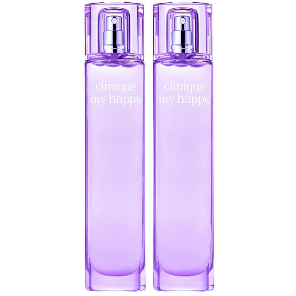 Zwei Clinique My Happy Cocoa & Cashmere Parfümflaschen, lila, mit silbernen Sprühköpfen.