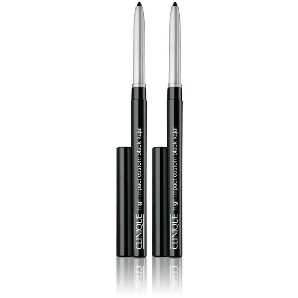 Zwei schwarze Clinique High Impact Kajalstifte mit silbernen Spitzen und Kappen.