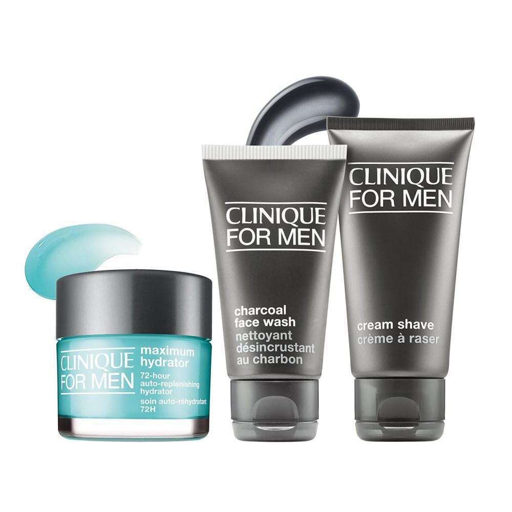 Clinique For Men Rasiercreme, Gesichtsreiniger und Feuchtigkeitscreme mit blauen und grauen Proben.