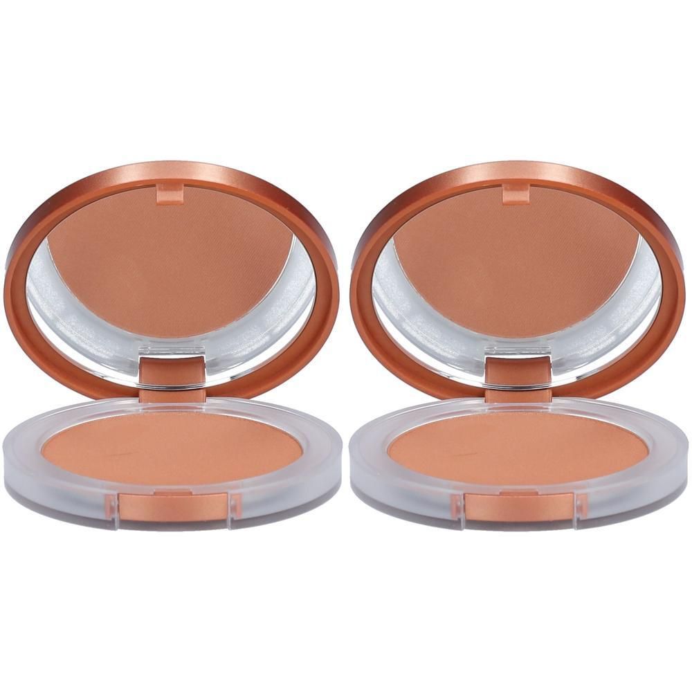 Zwei offene Kompaktpuder-Bronzer in runden Behältern mit Spiegeln.