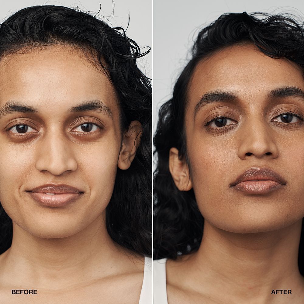 Vorher-Nachher-Vergleich einer Frau, die CLINIQUE Even Better Clinical Serum Foundation SPF 20 trägt.