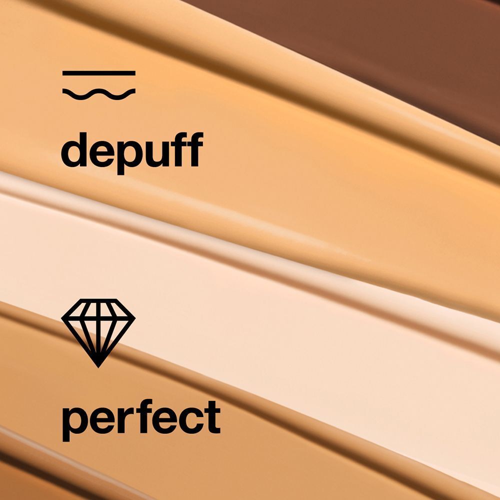 Swatches von CLINIQUE Even Better™ Concealer-Tönen mit Text 'depuff' und 'perfect'.