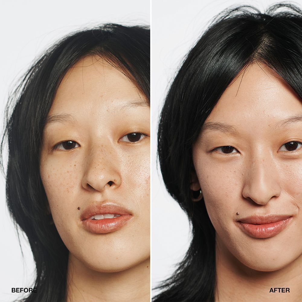 Vorher-Nachher-Vergleich einer Frau, die CLINIQUE Even Better Makeup SPF 15 trägt.