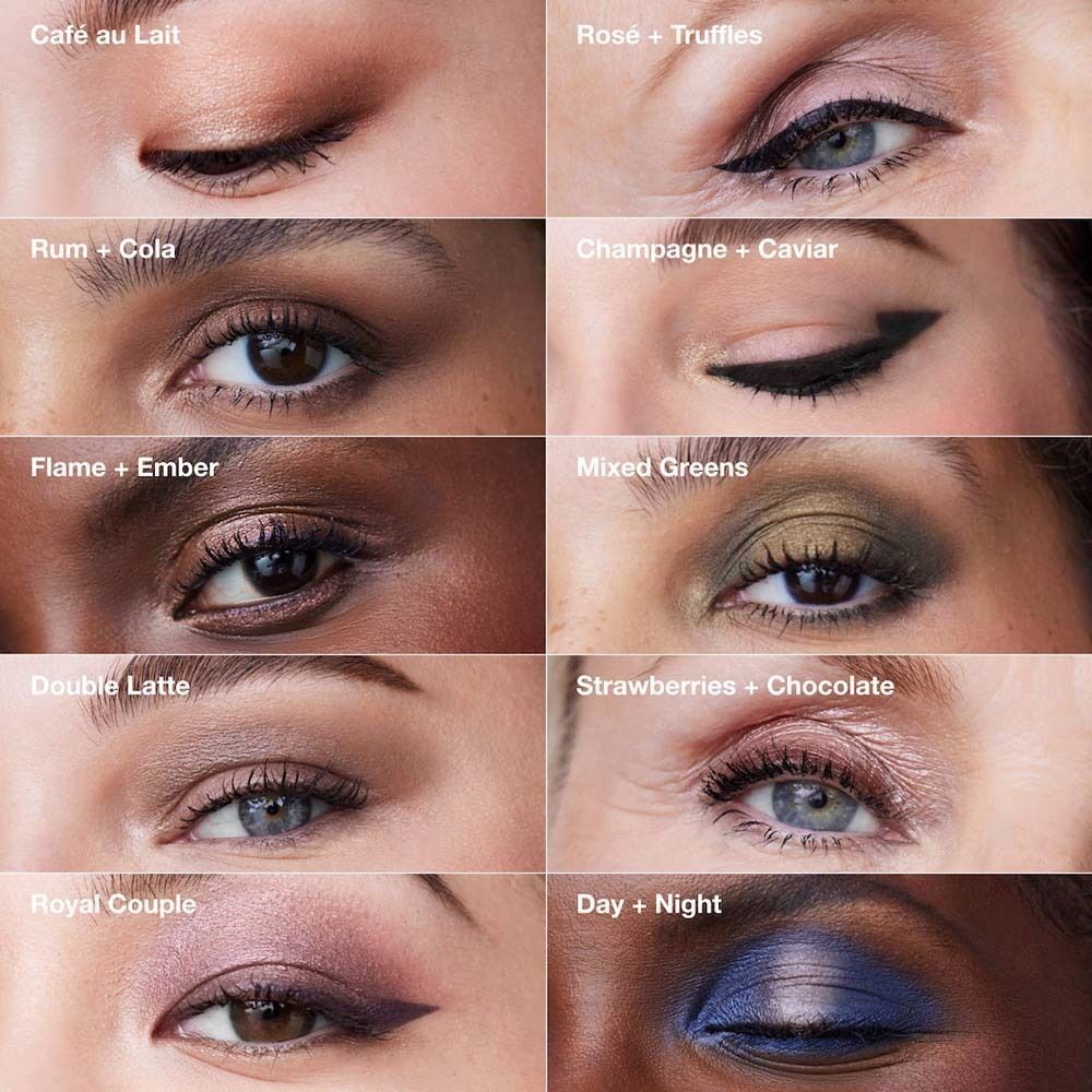 Collage von Augen-Make-up-Looks mit verschiedenen Clinique High Impact Shadow Play Farbtönen.