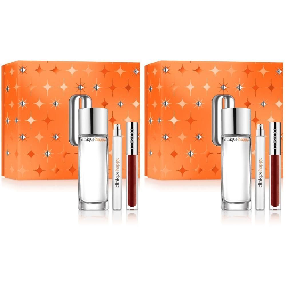 Clinique Happy Parfüm-Set mit 100ml Flakon, kleinem Zerstäuber und Lippenstift.