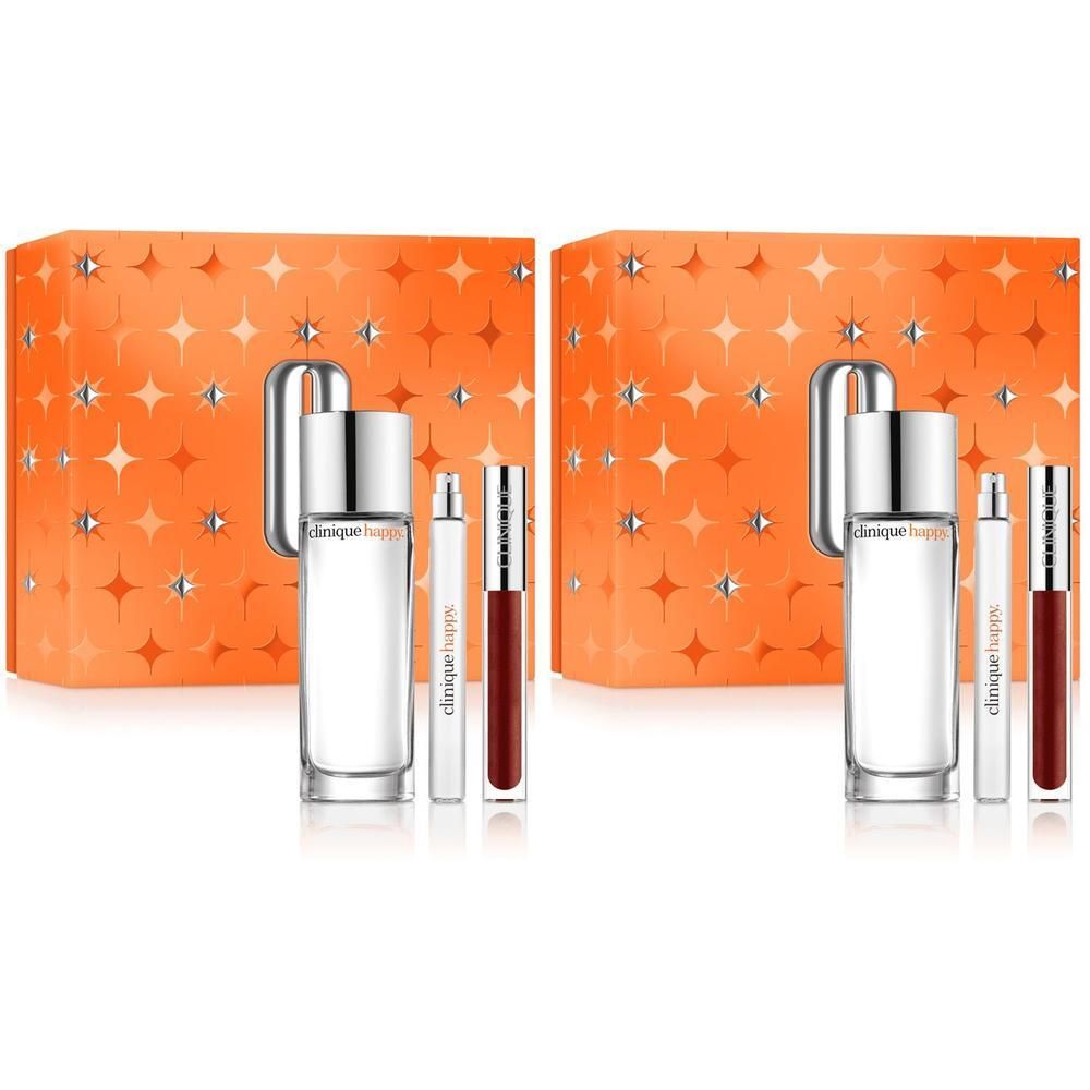 Clinique Happy Parfüm-Set mit 100ml Flakon, kleinem Zerstäuber und Lippenstift.