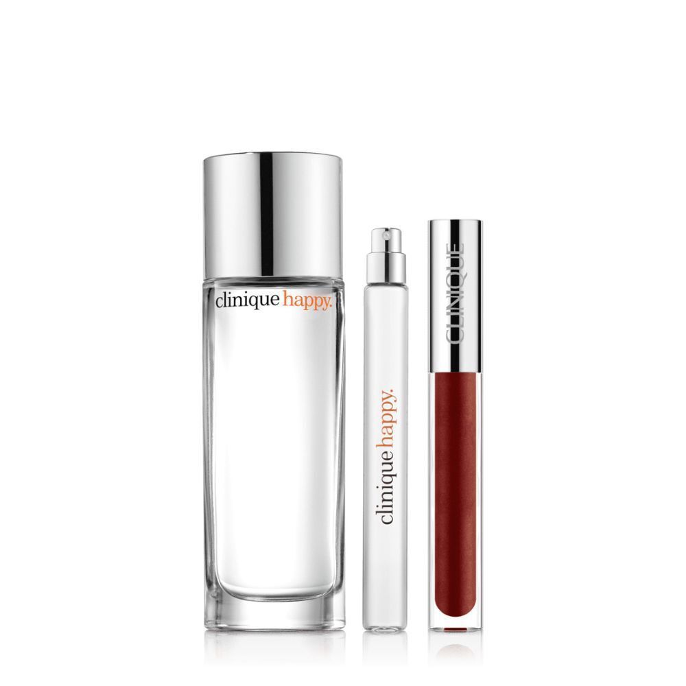 Zwei Clinique Happy Parfüm-Sets, jeweils mit 100ml Flakon, kleinem Zerstäuber und Lippenstift.
