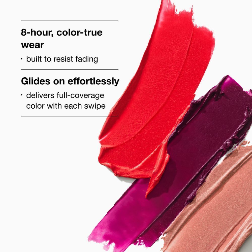 Lippenstift-Texturen in Rot, Lila und Beige. 8-Stunden haltbar, farbecht, verblasst nicht.