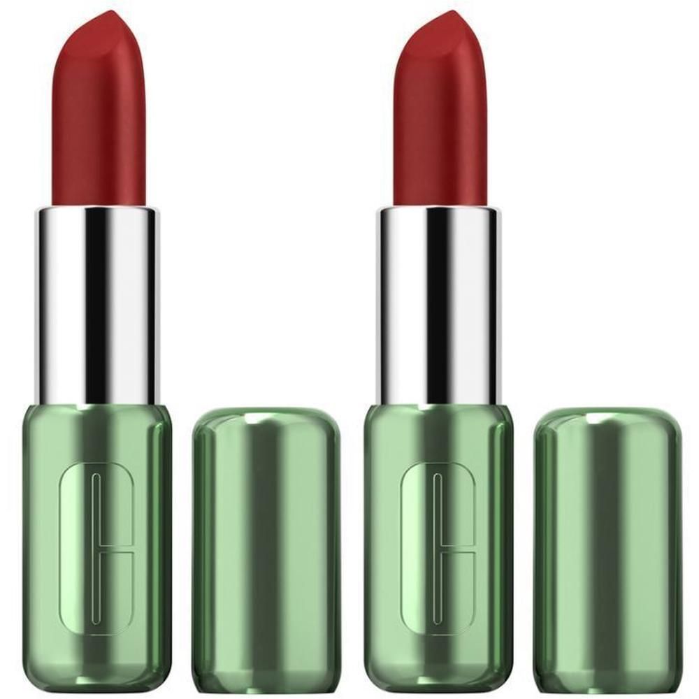 Zwei Clinique PopTM Longwear Lippenstifte in Rot, mit silbernen Kappen und grünen Behältern.