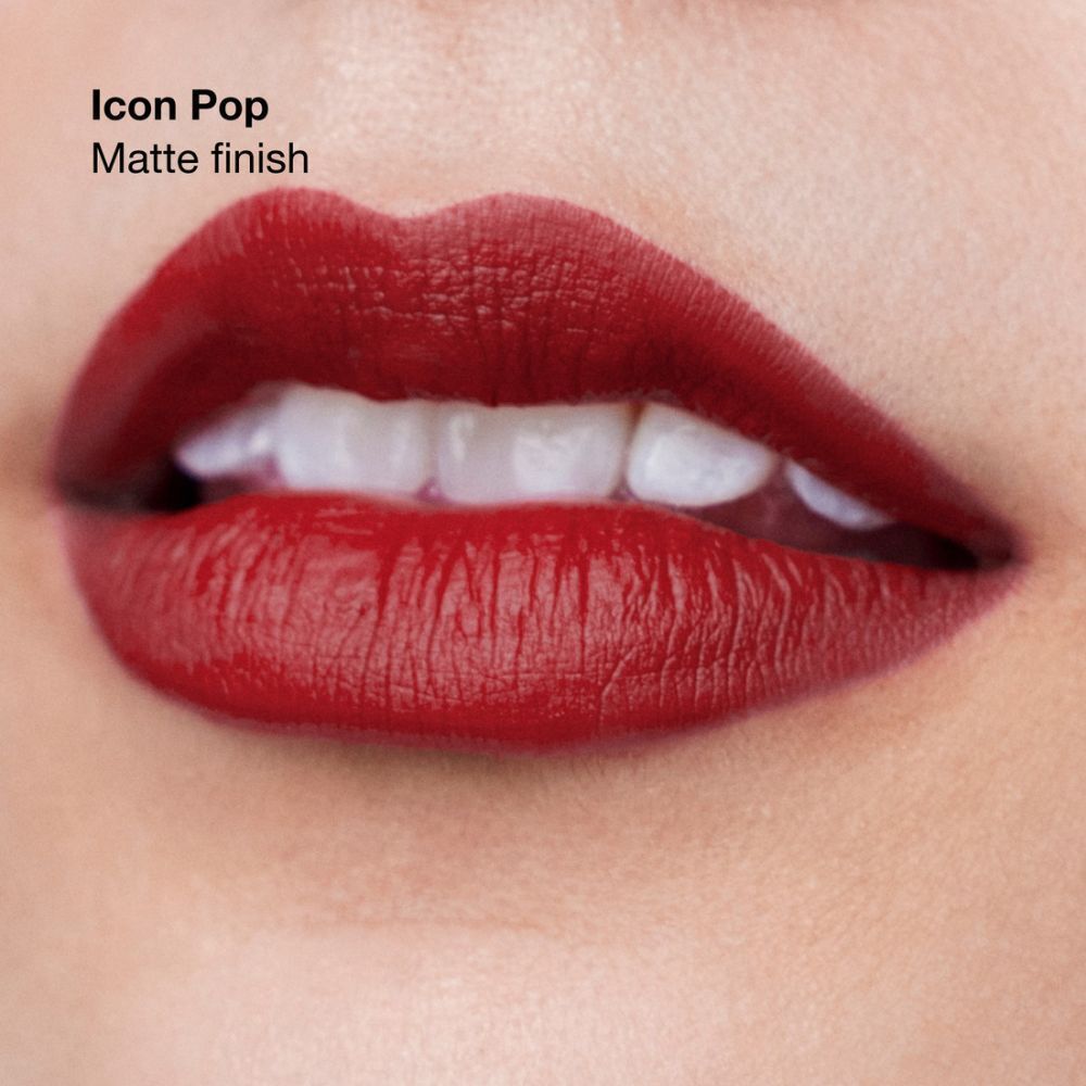 Lippen mit rotem Lippenstift, "Icon Pop" und "Matte finish" Beschriftung.