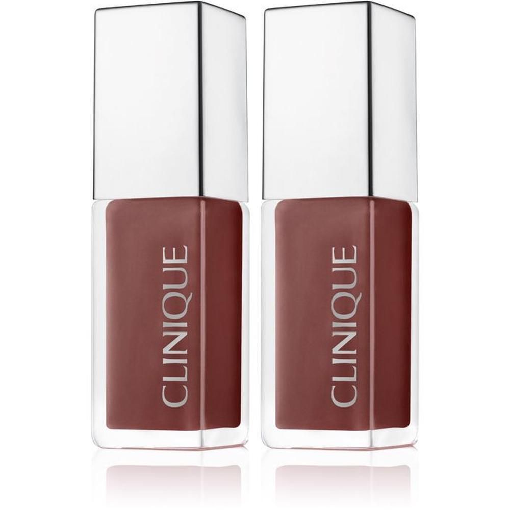 Zwei Clinique Pop™ Lip + Cheek Oil Fläschchen in einem Braunton.