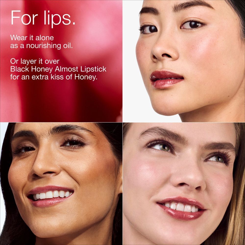 Vier Frauen mit unterschiedlichen Lippen-Looks, die Clinique Pop™ Lip + Cheek Oil zeigen.