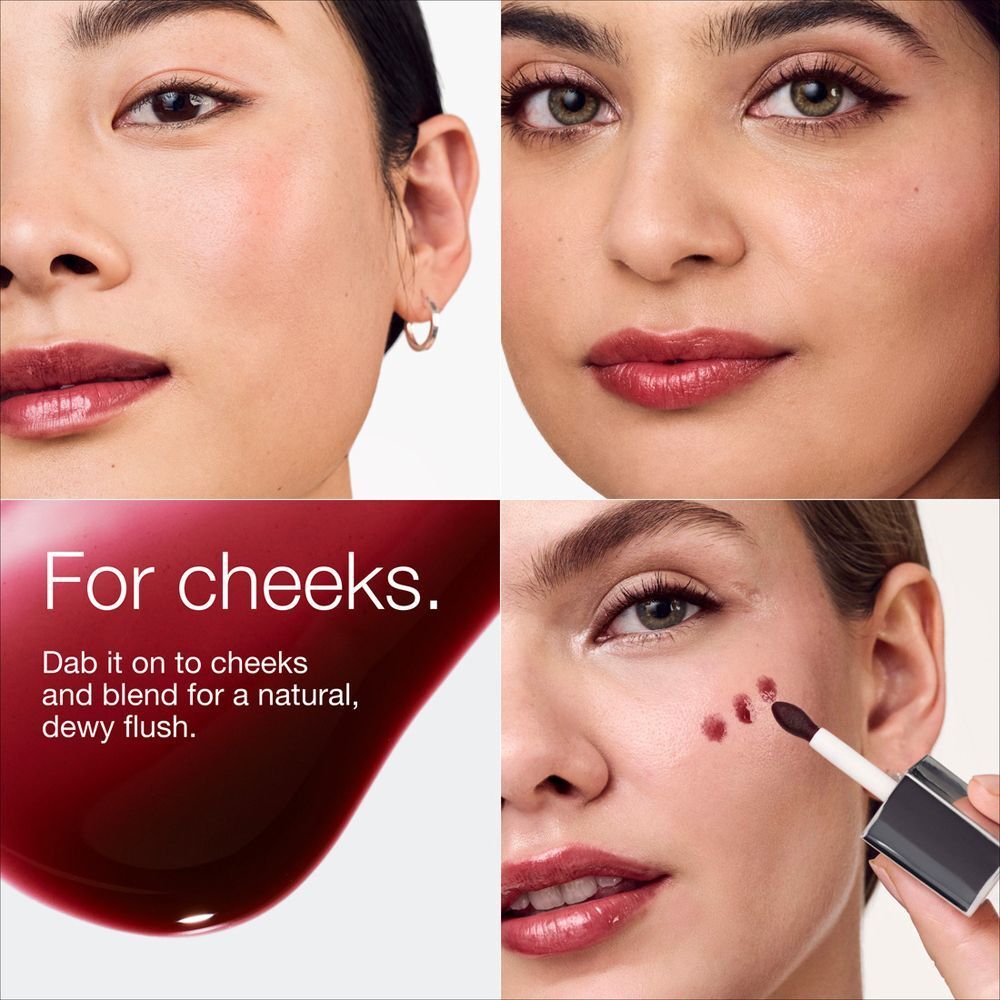 Vier Frauen, die Clinique Pop™ Lip + Cheek Oil auf den Wangen auftragen und verblenden.