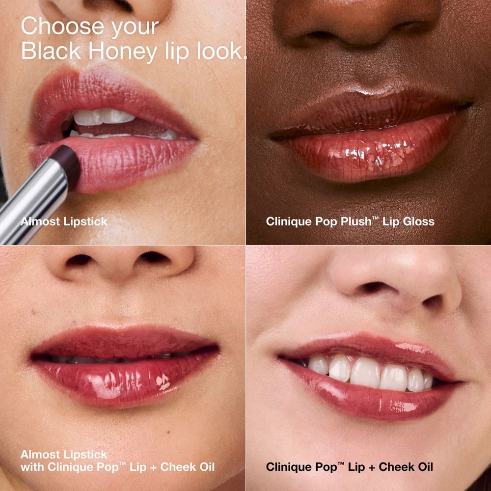 Vier Lippen-Looks, die verschiedene Anwendungen von Clinique Pop™ Lip + Cheek Oil zeigen.