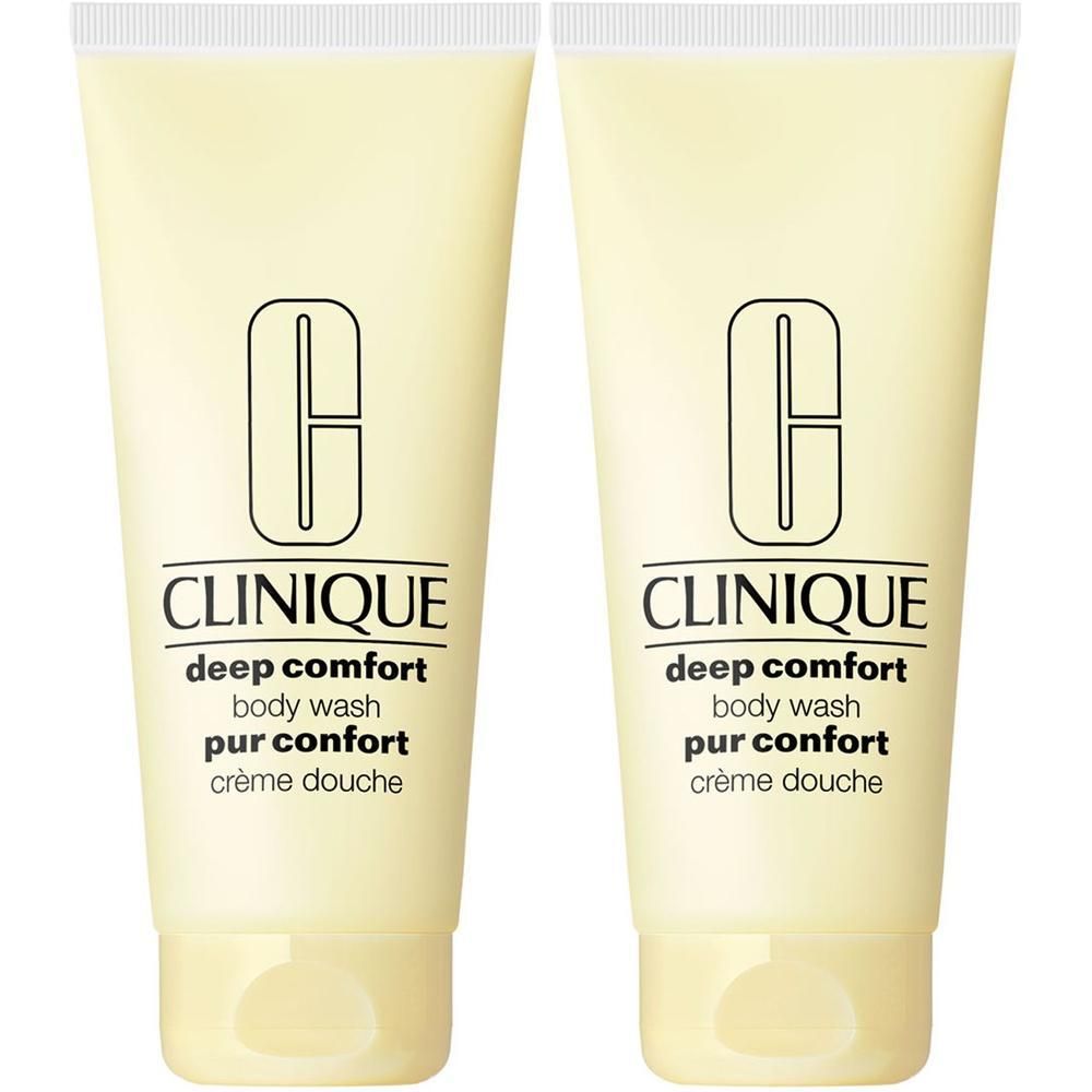 Zwei Clinique Deep Comfort Body Wash Flaschen mit Logo und Produktbezeichnung.