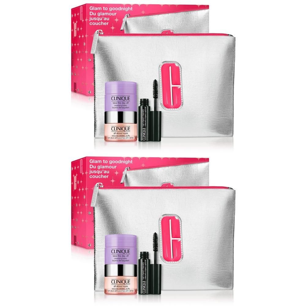 Clinique Glam to Goodnight Set: Silberne Kosmetiktasche mit Augencreme und Mascara.